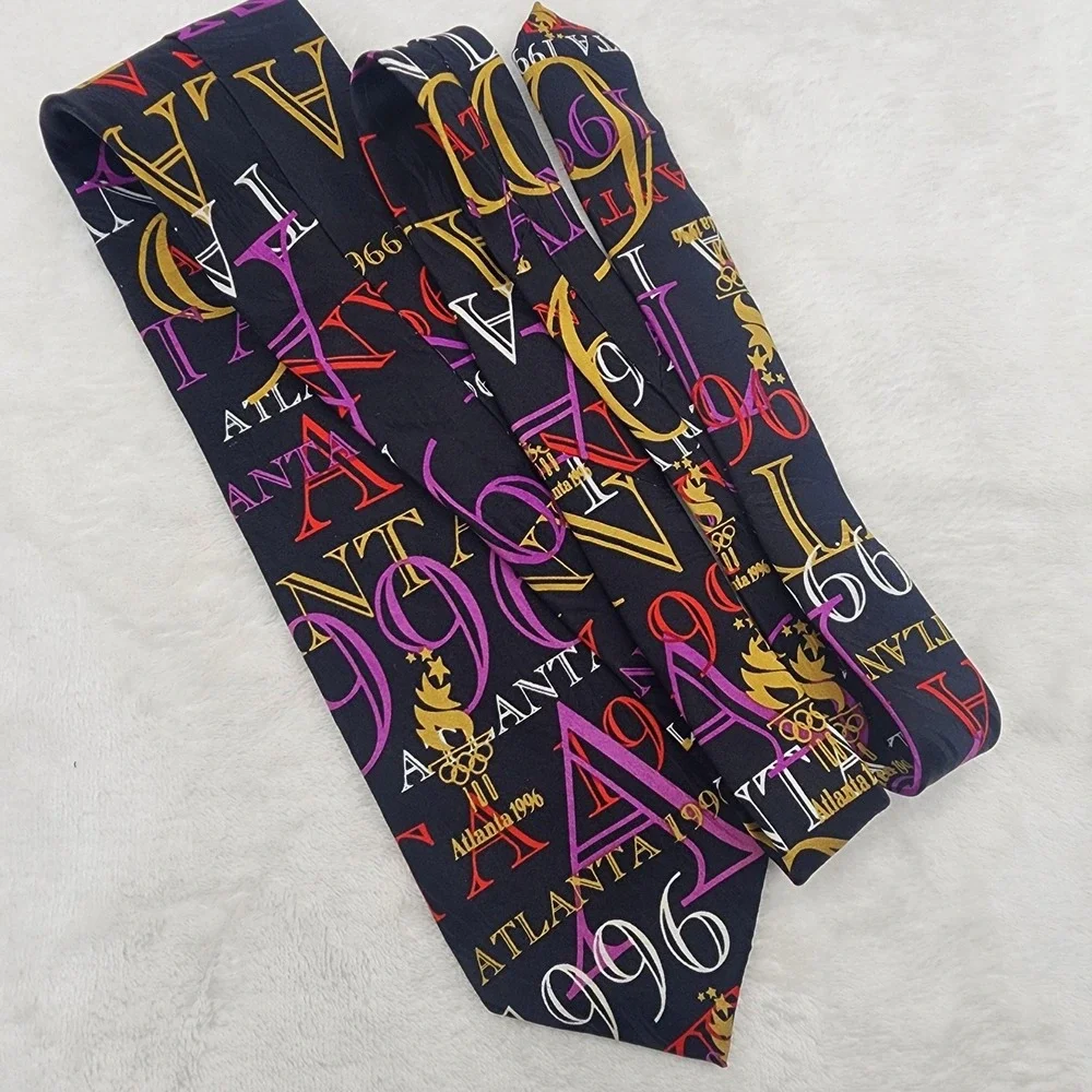 Vintage Olympics Tie  Atlanta 1996 Mens One Size Black Silk Necktie 90s USA Made